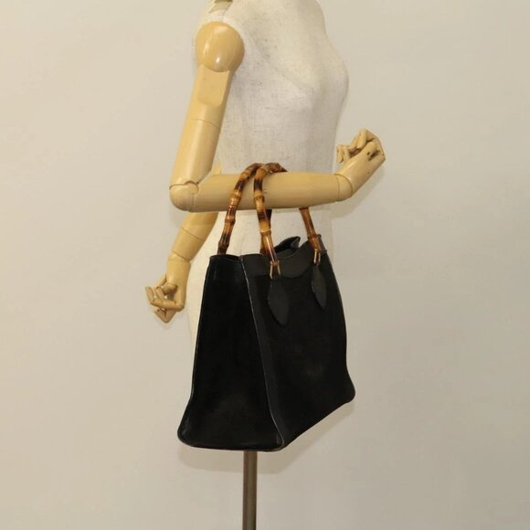 GUCCI Bamboo Hand Bag Suede Black Gold Auth - Picture 1 of 16
